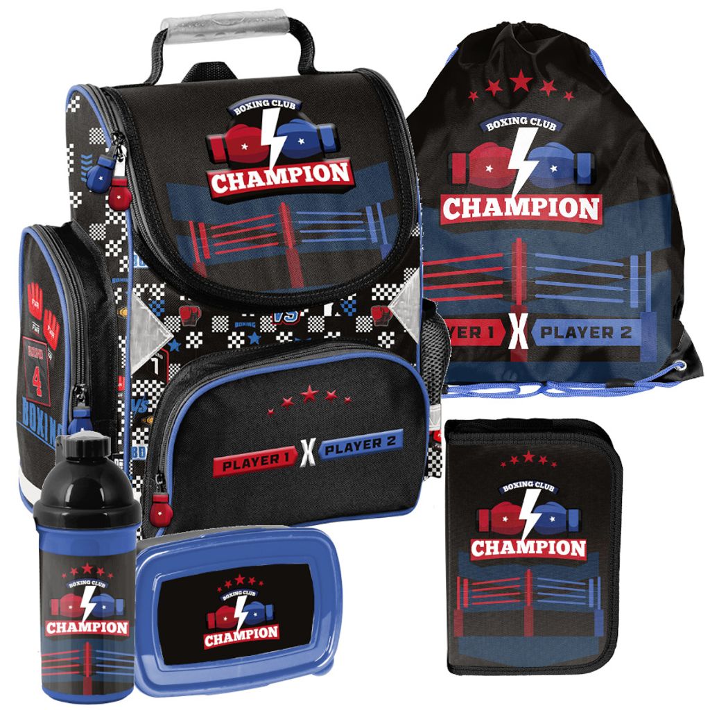 Schulranzen 5-tlg. Set für Mädchen & Jungen CHAMPION BOXING – Paso Ranzen, Mäppchen, Tasche, Flasche, Frühstückstasche