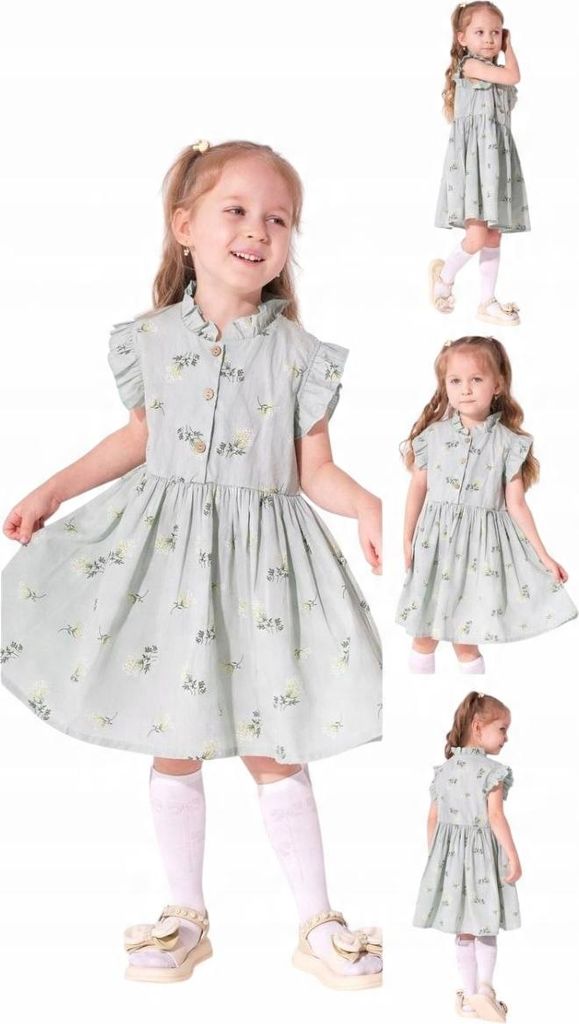 Kleid für Mädchen – 100 % Baumwolle – Blumenmuster – Größe 104, Alter 4 Jahre - Hellgrün