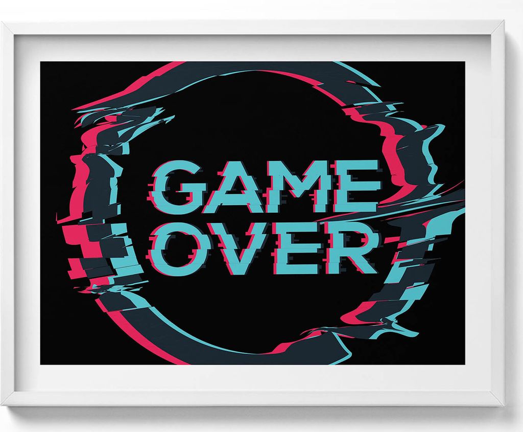 Aufschrift „Game over“ für einen Spieler– Wandbild mit Rahmen – Gerahmtes Bild – Wanddekoration – 80x60 cm – Weiß Rahmen