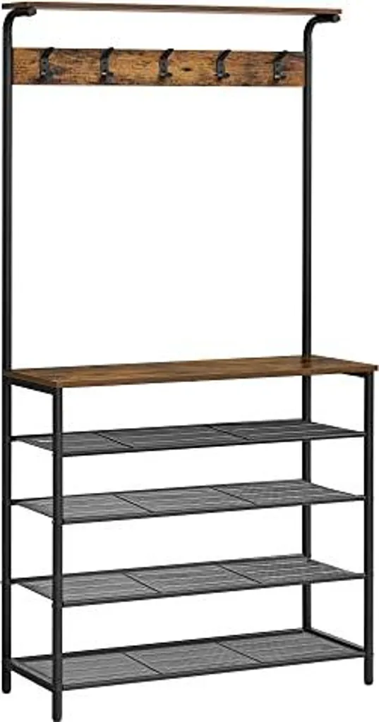 Portemanteau 5 niveaux brun noir style rustique et étagères modulables