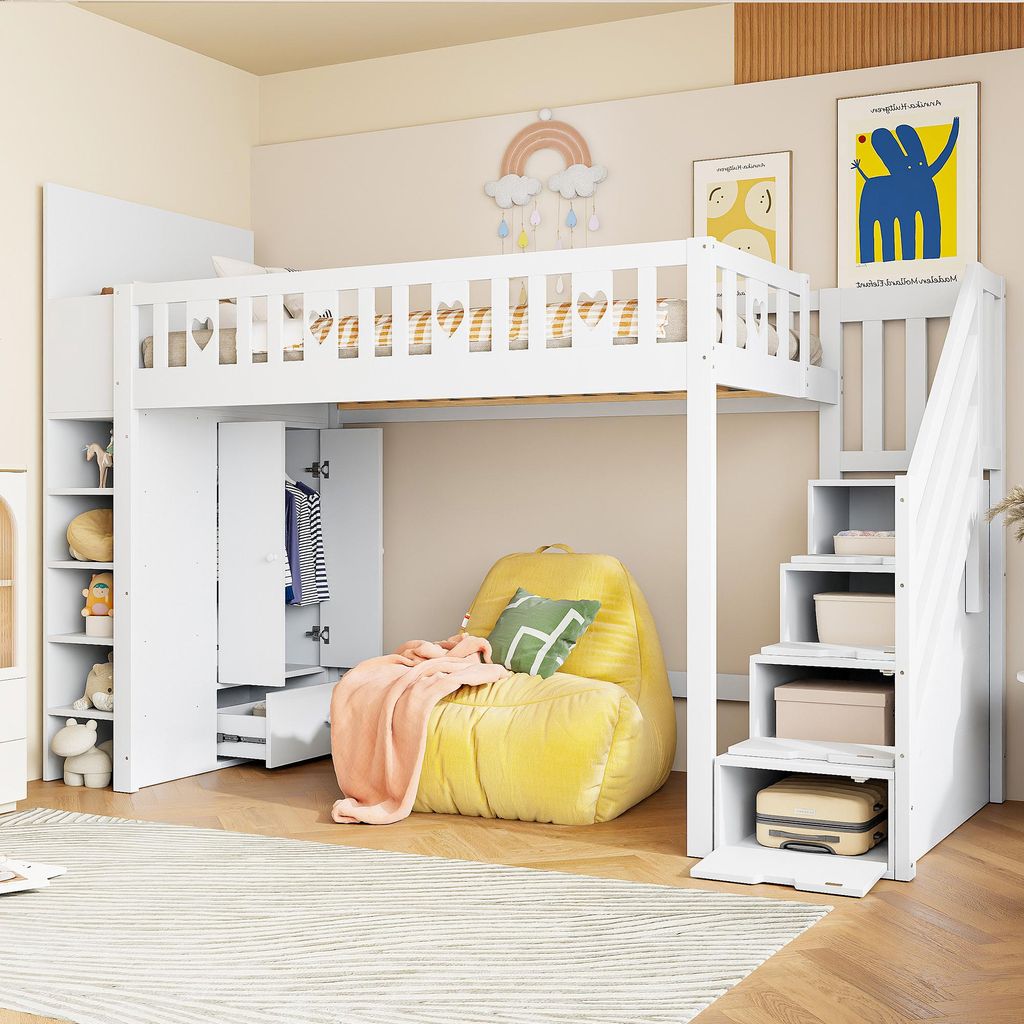 Sweiko Hochbett, 90x200cm , Stauraumleiter, Regale, klappbarer Stauschrank, freier Platz unter dem Bett zum Verkleiden, Geländer in Liebesform, oh...