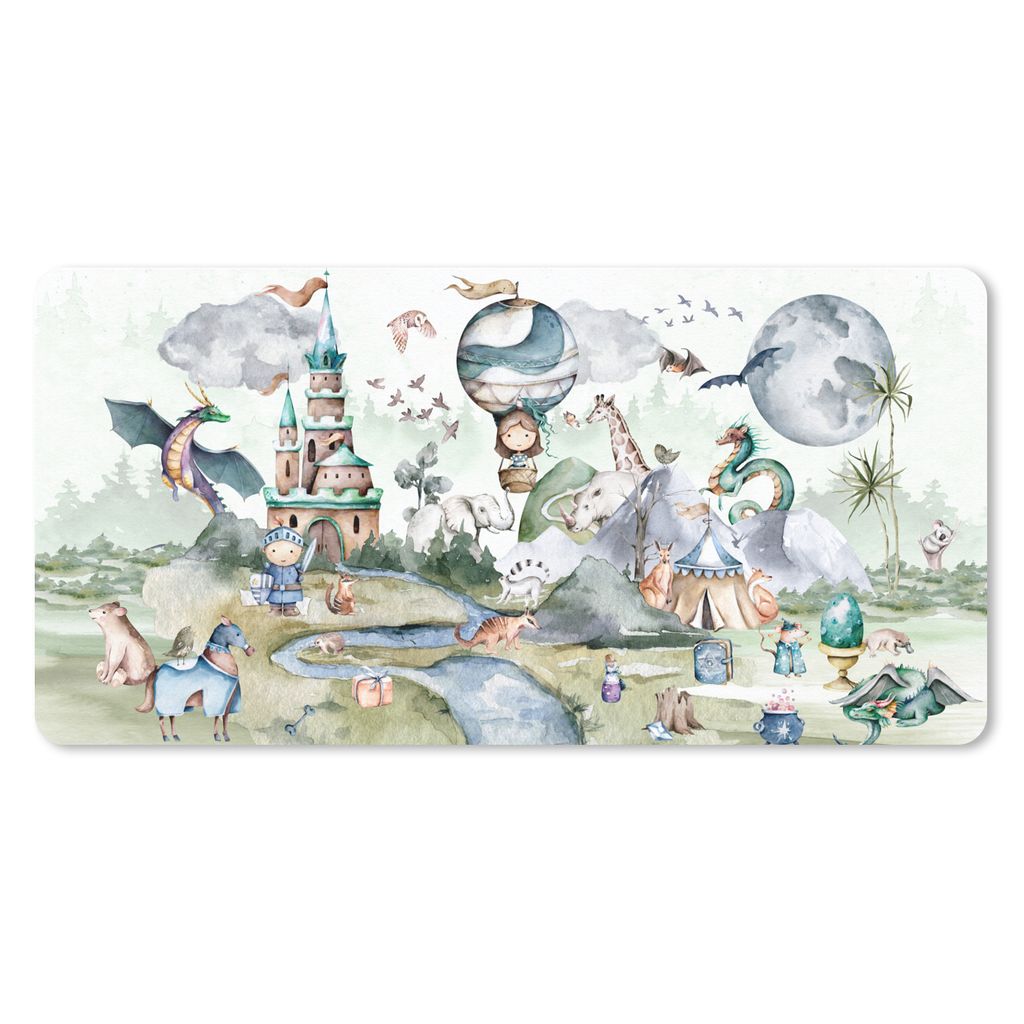 MuchoWow Schreibtischunterlage Kinder - Heißluftballon - Drache - Jungen - Burg - Aquarell 80x40 cm - XXL Mauspad - Gaming Mauspad