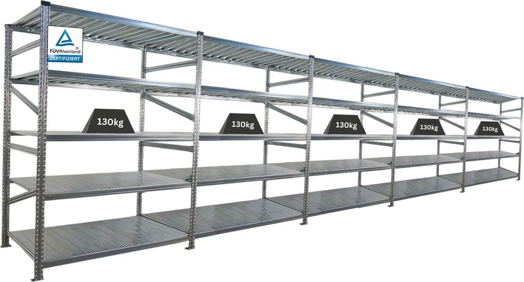 Fachbodenregal PROXIMO mit Stecksystem | Komplettregal | HxBxT 200x750x80cm | 5 Ebenen | Fachlast 130 kg | Beidseitig nutzbar | Verzinkt