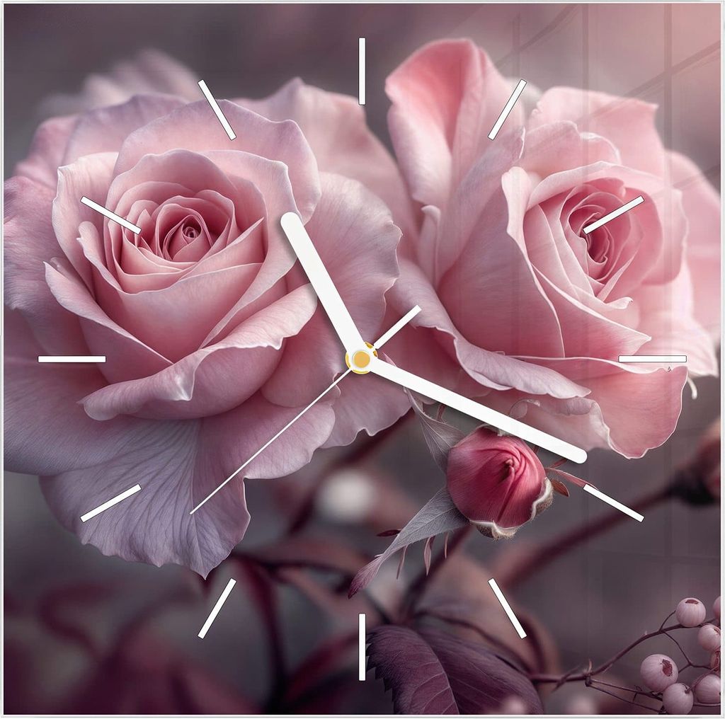 Wanduhr aus Glas mit Motiv Romantische Rosen- 30 x 30 cm - inkl. Aufhängesystem