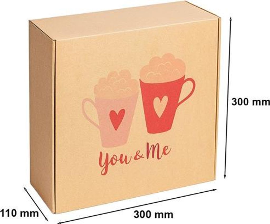 Karton, gestanzt, 300 x 300 x 110 mm, Formschnitt, Aufdruck: Valentinstag-Becher