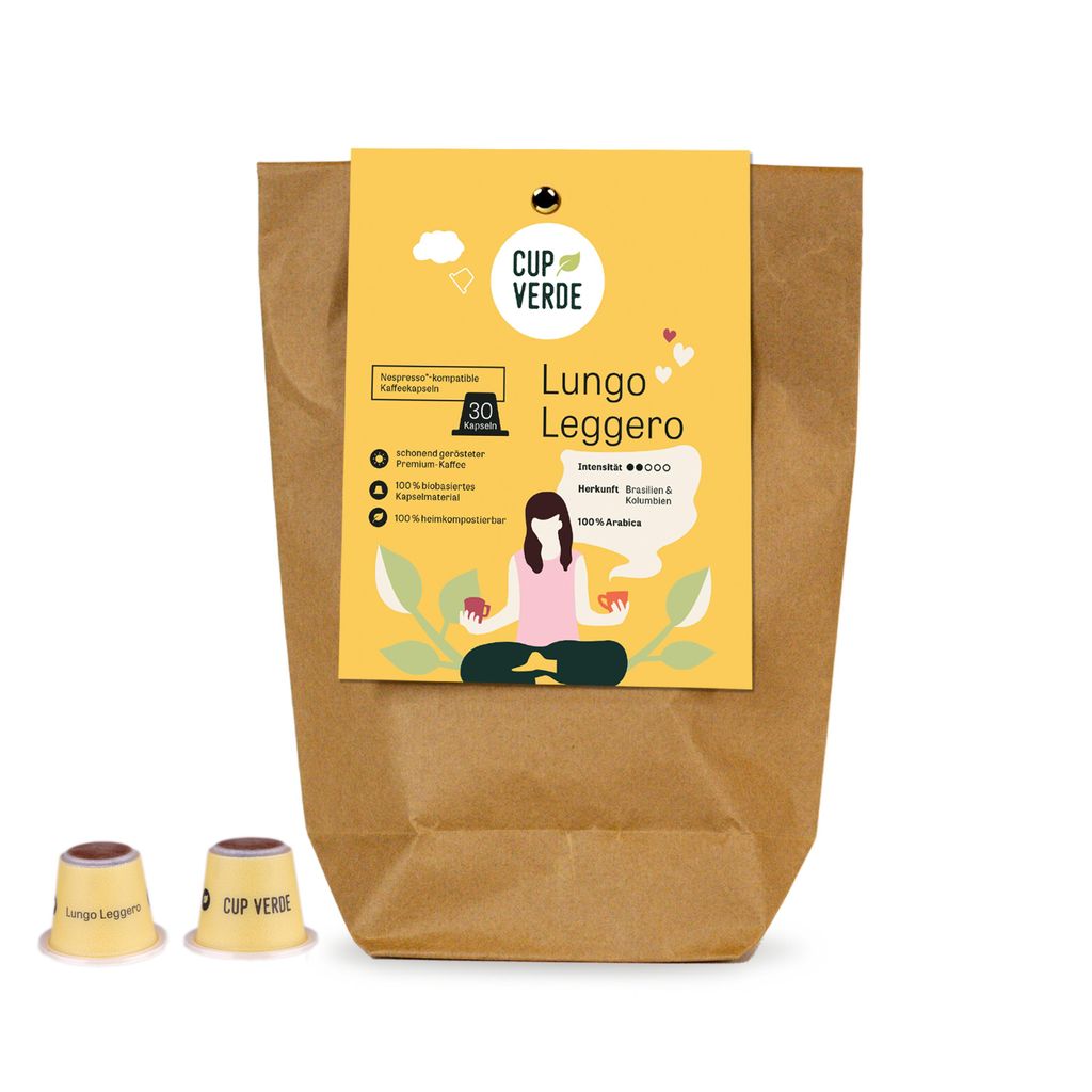 CUP VERDE – 30 nachhaltige Lungo Leggero Kaffeekapseln - kompatibel mit Nespresso* - mild und säurearm - fair gehandelt - schonend geröstet