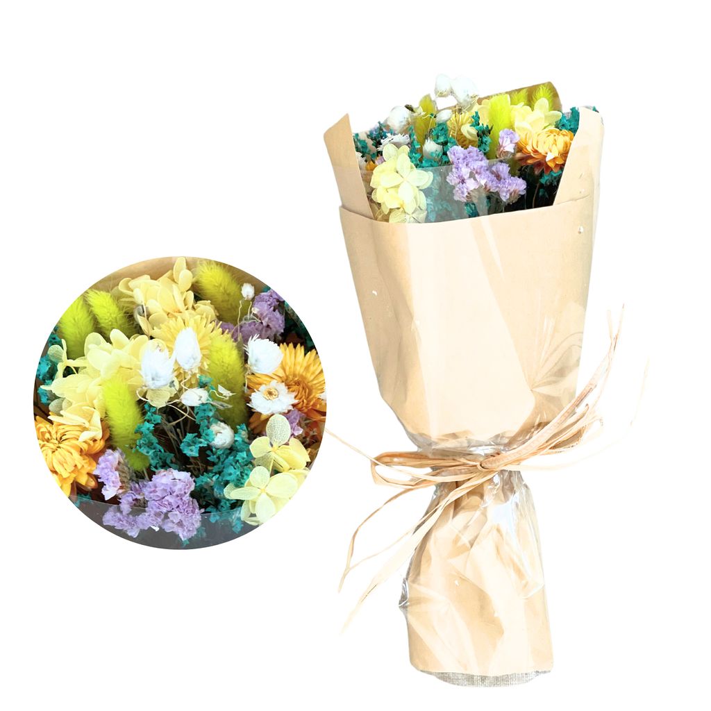 Trockenblumenstrauß – Bunt & Fröhlich in Gelb, Grün & Violett – Kräftige Farben, Limonium, Hortensien & Bunny Tails | Perfekt für Sommer-D...