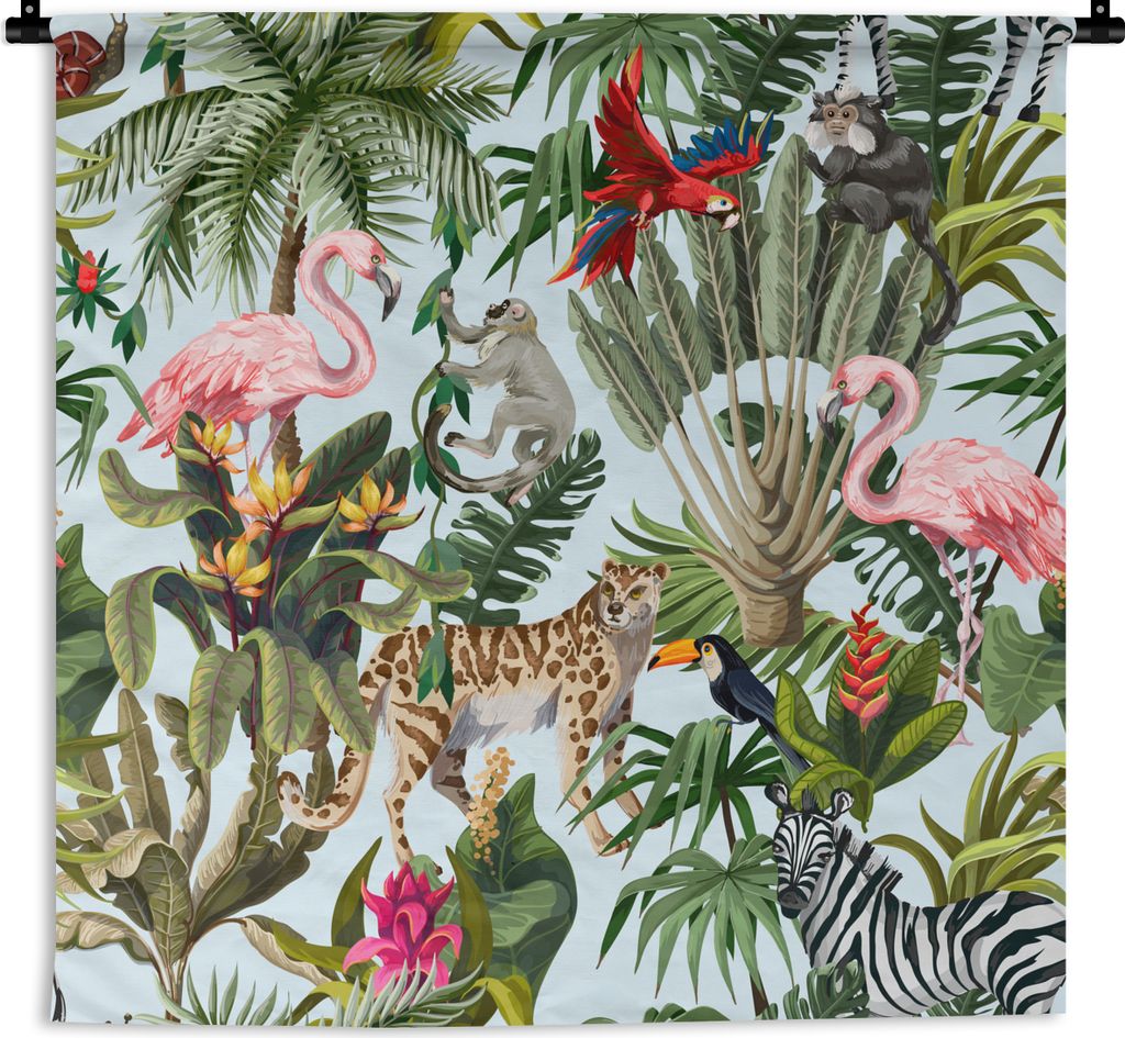 MuchoWow Wandteppich Wandbehang Dschungel - Tiere - Mädchen - Kinder - Jungen - Flamingo - Papagei 90x90 cm Tapisserie Dekoration Wandtuch - Wan...