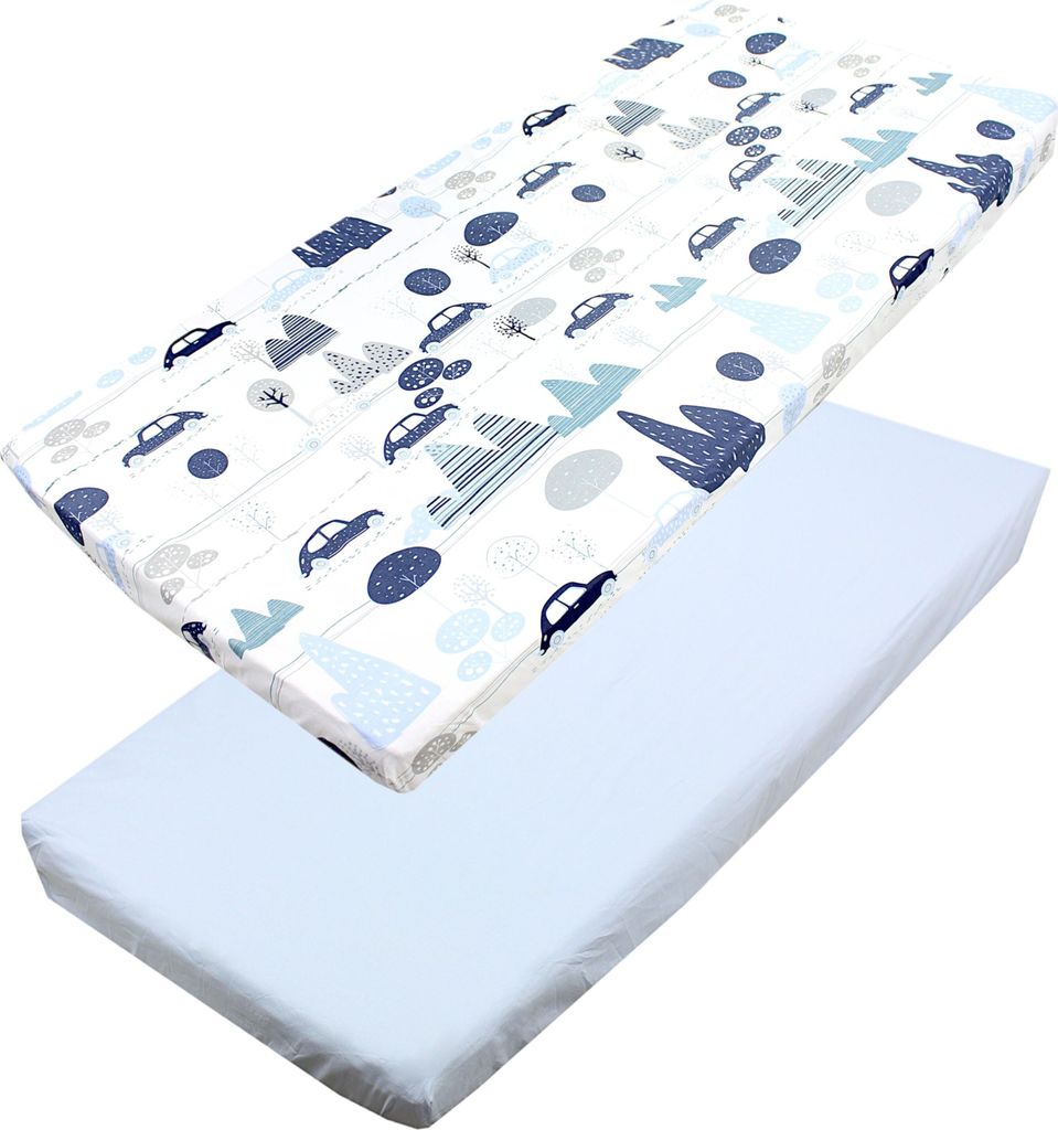TupTam Baby Spannbettlaken Kinder Spannbetttuch für Babybett Kinderbett 2er Pack, Farbe: Autos Blau, Größe: 70 x 140 cm