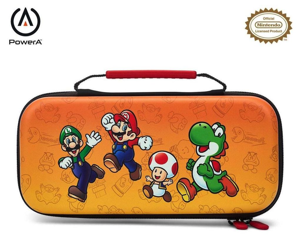 A Nintendo Switch carrying case featuring Mario, Luigi, Toad, and Yoshi characters.