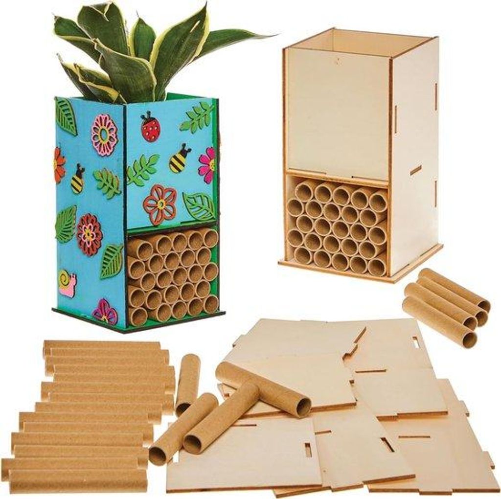Holz Insektenhotel und Blumenpflanzset - Set aus 2 Bastelpaketen für Kinder - Natürliche Bildungsfördernde Bastelaktivität
