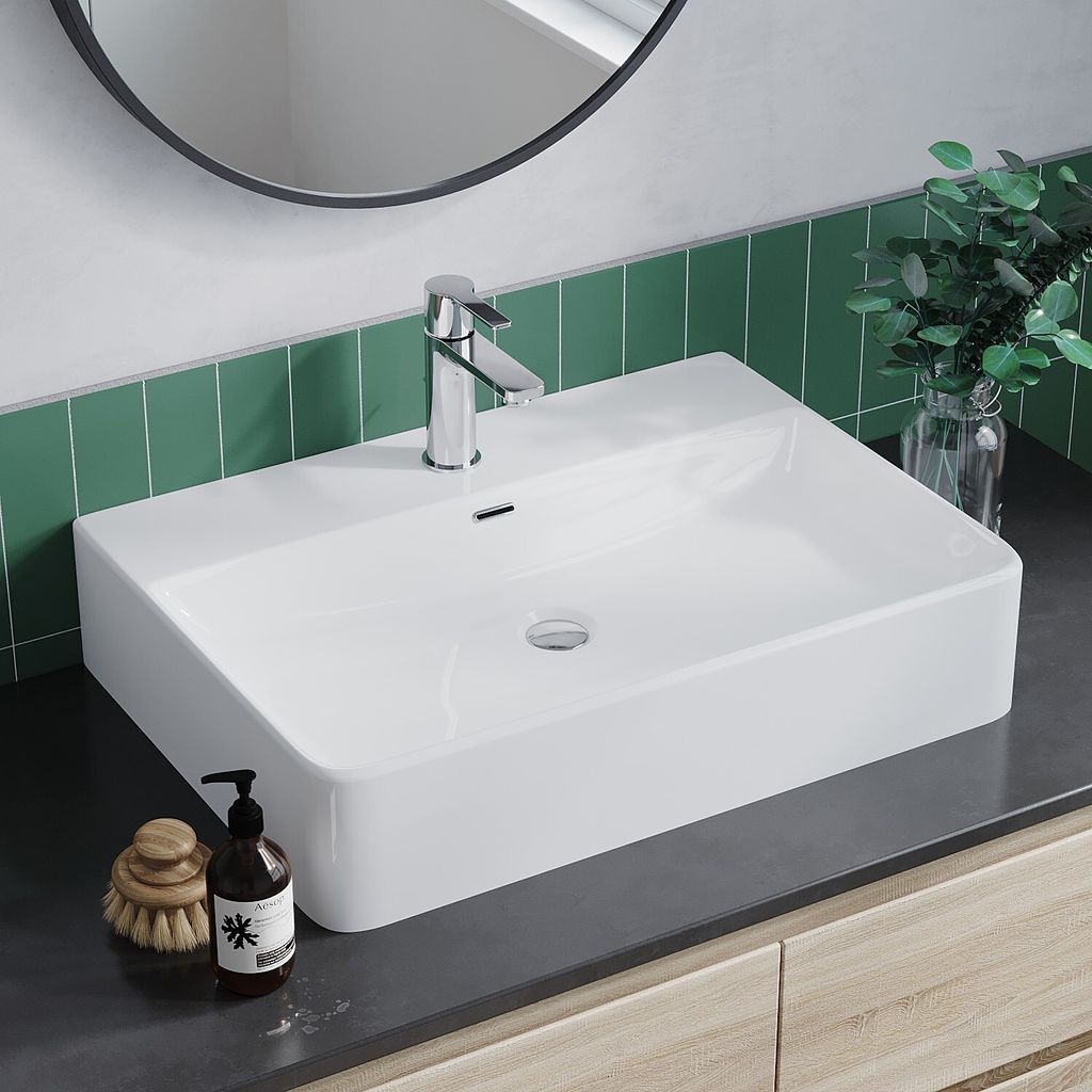 Waschbecken Aufsatzwaschbecken rechteckig aus Keramik Weiß Produktbild 