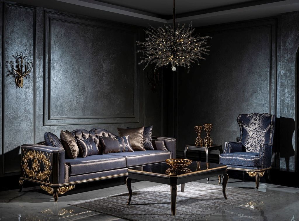Casa Padrino Luxus Barock Wohnzimmer Set Blau / Schwarz / Gold - 2 Sofas & 2 Sessel & 1 Couchtisch - Wohnzimmer Möbel im Barockstil - Edel & Prunk...