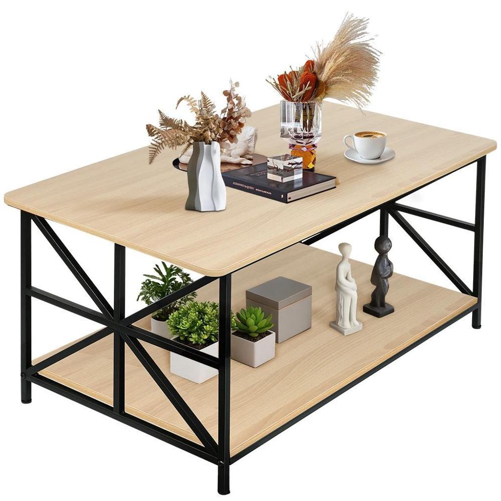 Couchtisch - Rechteckig - 2-Ebenen-Stauraum - X-Gestell Metallbeine - Holz - 100 x 52 cm - Mehrfarbig