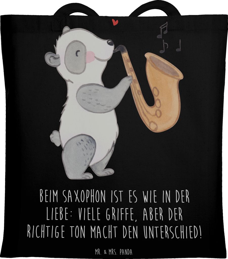 Mr. & Mrs. Panda Jutebeutel Saxophon Liebe - Schwarz - Geschenk, Instrument, und Musik, Einkaufstasche, Tote Bag, Blues, Schultasche, Lernen, Tasch...