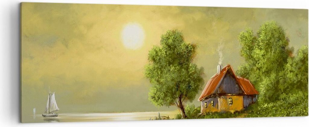 Bild auf Leinwand - Leinwandbild - Boot Wasser Hütte - 140x50cm - Wand Bild - Wanddeko - Wandbilder - Leinwanddruck - Bilder - Kunstdruck - Wandde...