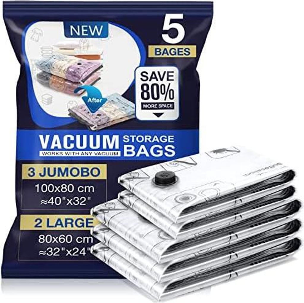 A package of vacuum storage bags with a stack of the bags shown next to it.