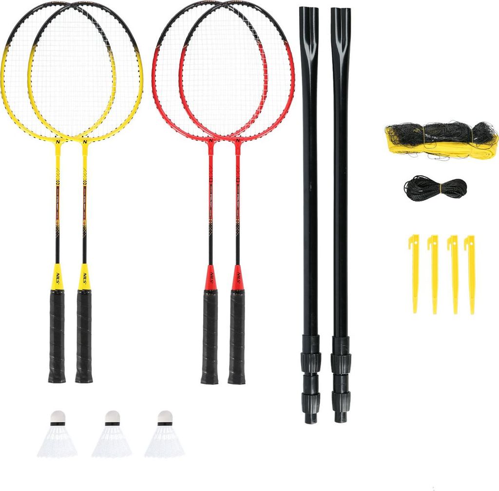 NILS NRZ264 Badminton-Set aus Aluminium, 4 Schläger, 3 Federpfeile, 600 x 60 cm Netz, Koffer