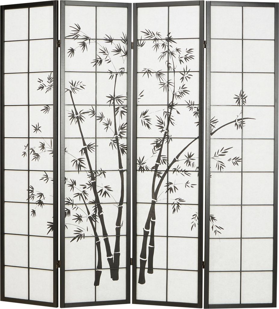4 pan Paravent japonais bois en noir dessin bambou Image du produit 