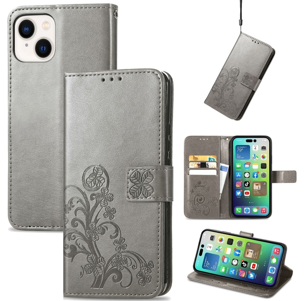Mobigear Clover iPhone 15 Hülle Klapphülle Geldbörse - Grau