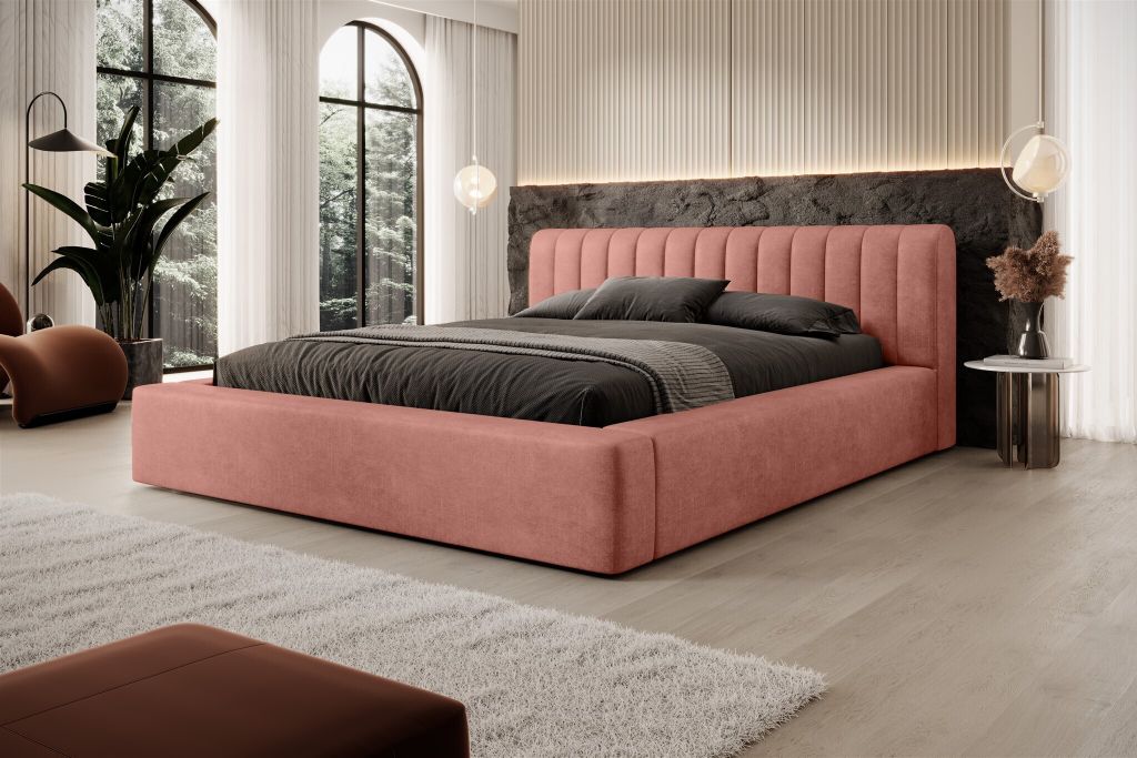 Polsterbett Doppelbett PEORIA 140x200cm in Stoff Macau Rose