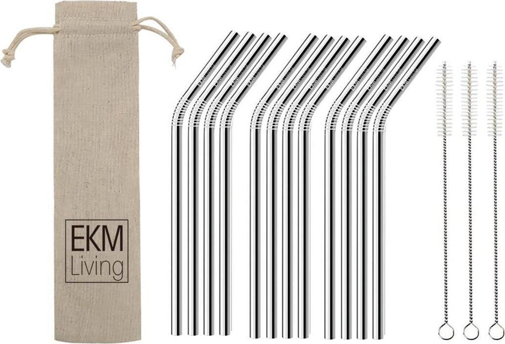EKM Living Edelstahl Strohhalme 12er Set Silber gebogen GmbH, Trinkhalme, bruchfest, wiederverwendbar, spülmaschinengeeignet, plastikfrei (Silber ...