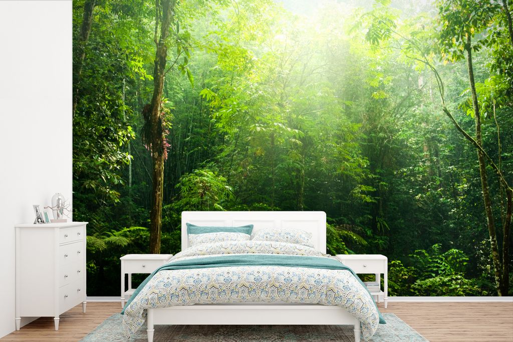 MuchoWow Fototapete für Wohnzimmer oder Schlafzimmer Wandtapete Vinyl Motivtapete Dschungel - Sonnenlicht - Grün - Mädchen - Kinder - Jungen -...