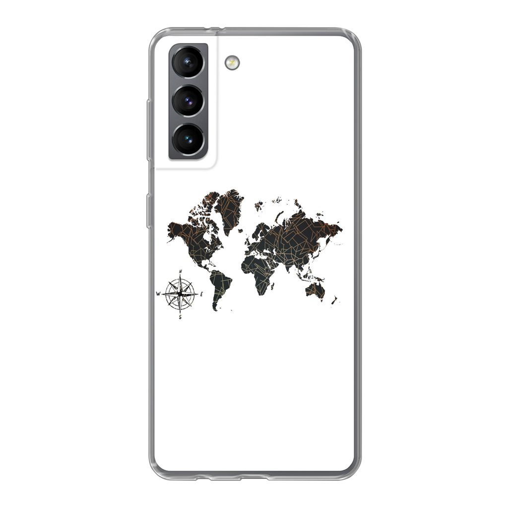 MuchoWow Handyhülle Schutzhülle Hülle für Samsung Galaxy S21 Weltkarte - Gold - Schwarz - Windrose Silikon Softcase Handy Hülle - Softcase