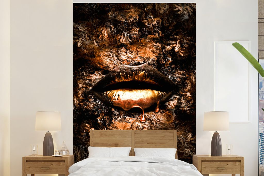 MuchoWow Fototapete für Wohnzimmer oder Schlafzimmer Wandtapete Vinyl Motivtapete Frau - Farbe - Lippen - 195x300 cm - Das Hintergrundbild