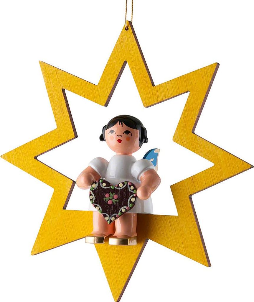 Engel mit Lebkuchenherz - Blaue Flügel - sitzend im Stern gelb (10,5cm) von Kunstgewerbe Uhlig