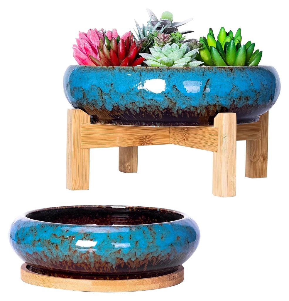 Sukkulententöpfe – 18 cm großes Pflanzentopf-Set, Keramik-Bonsai-Topf mit Abtropfschale, große Flache Pflanzentöpfe für Zimmersukkulenten, g...