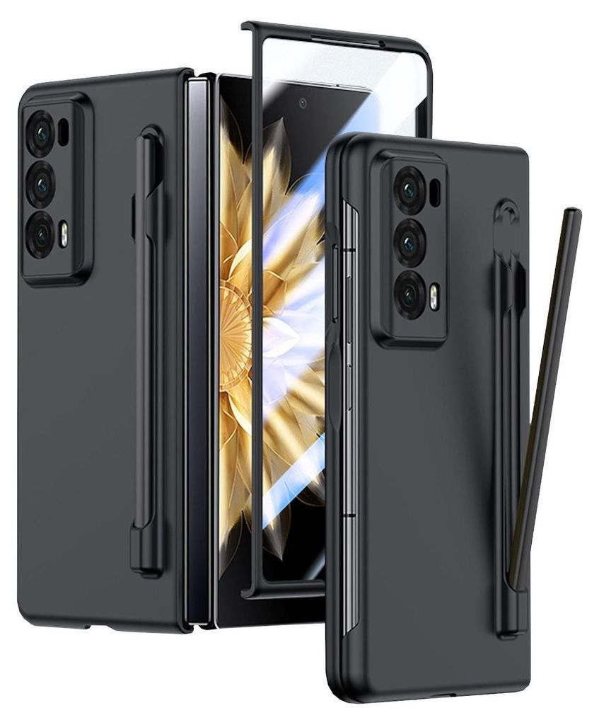 A black phone case with a stylus holder is shown in a studio setting.