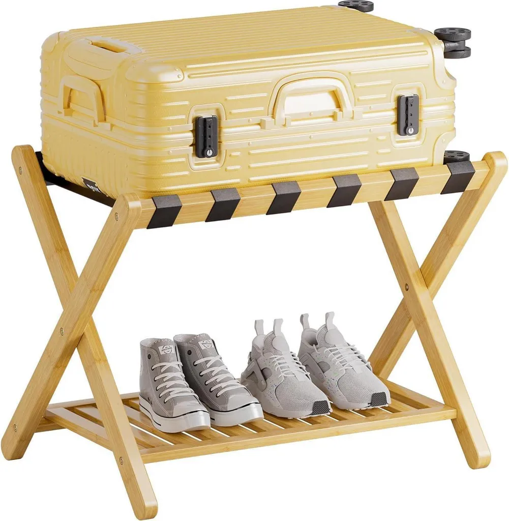 Porte-bagages bambou robuste pliable avec étagère basse de rangement