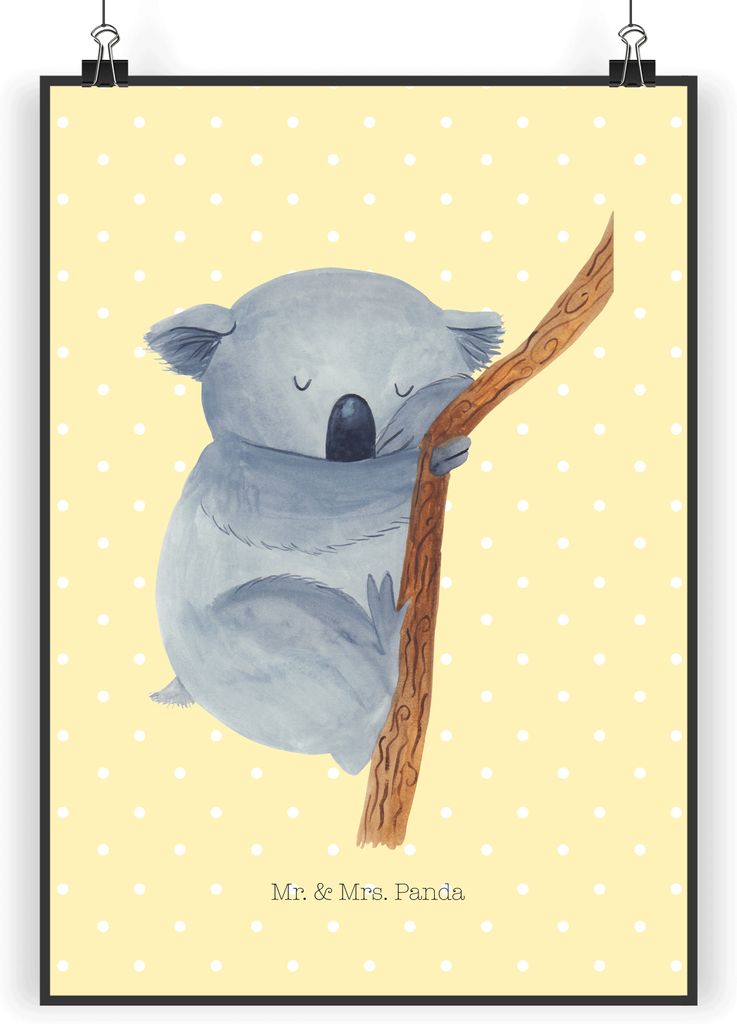 Mr. & Mrs. Panda Bild Koalabär DIN A4 - Gelb Pastell - Geschenk, Koala, Schlafzimmer, schlafen, drucke, Bär, Traum, Wandbild, Lustige Sprüche, w...