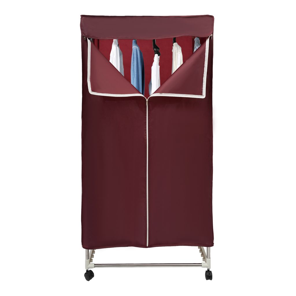 A maroon electric heated clothes rack with wheels and a touchscreen, shown with clothes hanging inside.