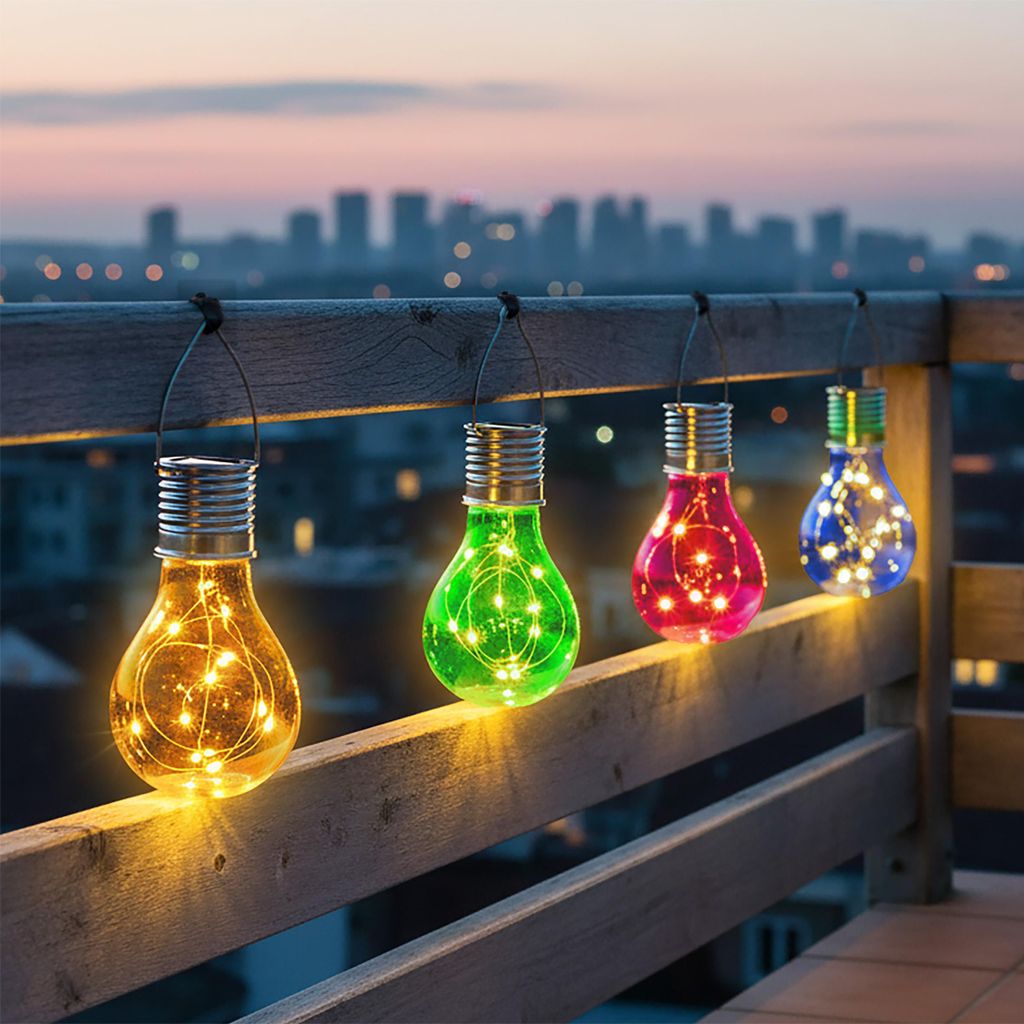 Solar Glühbirne aus Kunststoff in gelb blau grün pink 15 cm - 4er Set - LED Dekolampe wetterfest zum Aufhängen für Außen