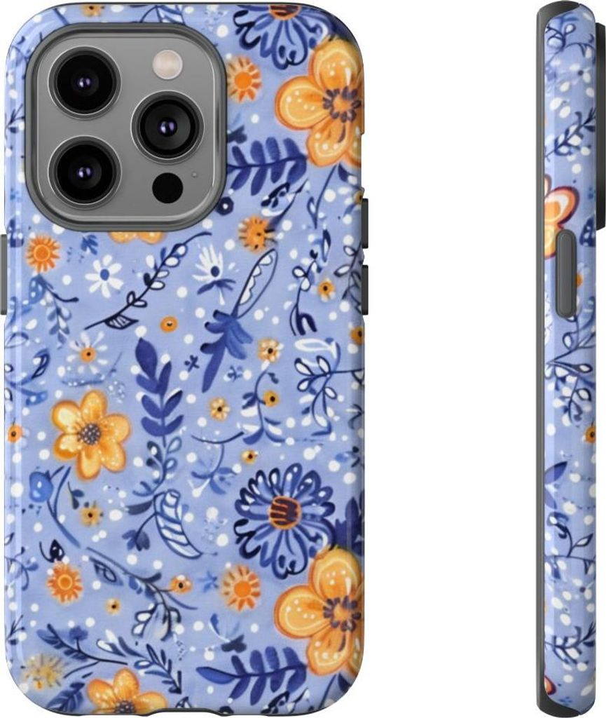 Blumenmuster in Blau und Orange – Hülle Kompatibel mit iPhone 14 Pro