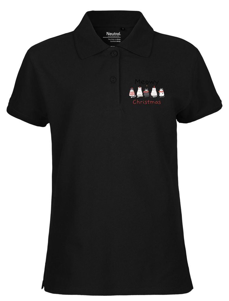 Huuraa Damen Polo Shirt Meowy Christmas Katzen S Black Bio Baumwolle Fairtrade Poloshirt Geschenkidee