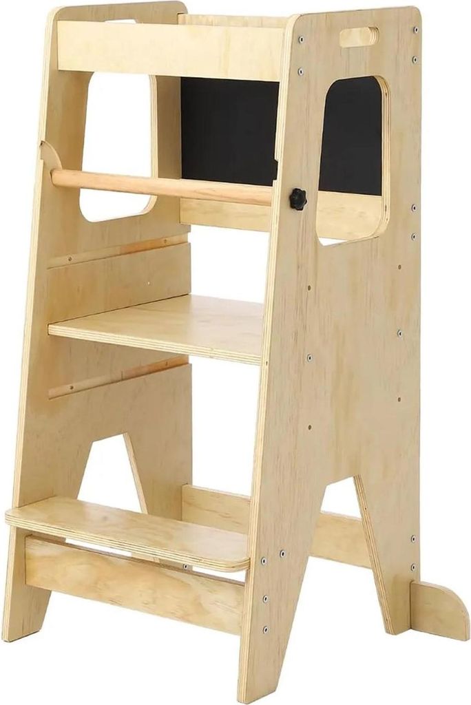 Küchen-Tritthocker für Kinder - Lernturm - Höhenverstellbare Plattform - Sicherheitsgeländer - Kreidetafel - Holz - Montage erforderlich