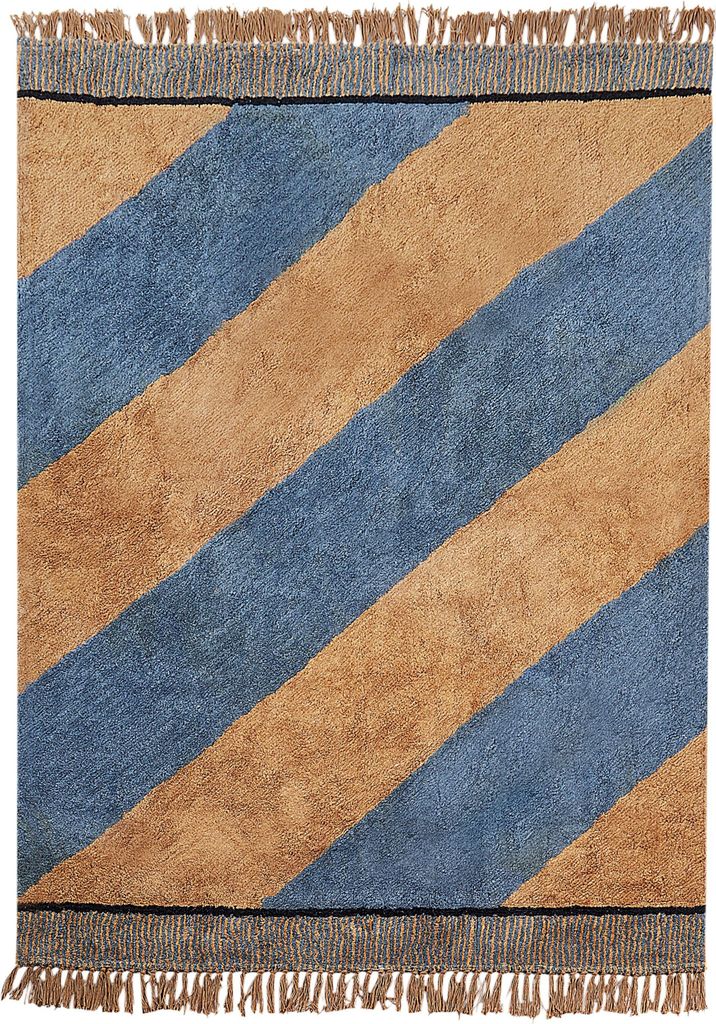 BELIANI Teppich Blau u. Goldbraun Baumwolle Rechteckig 140 x 200 cm mit Streifenmuster Fransen Boho-Stil Wohnzimmerteppich für Fußbodenheizung Ge...