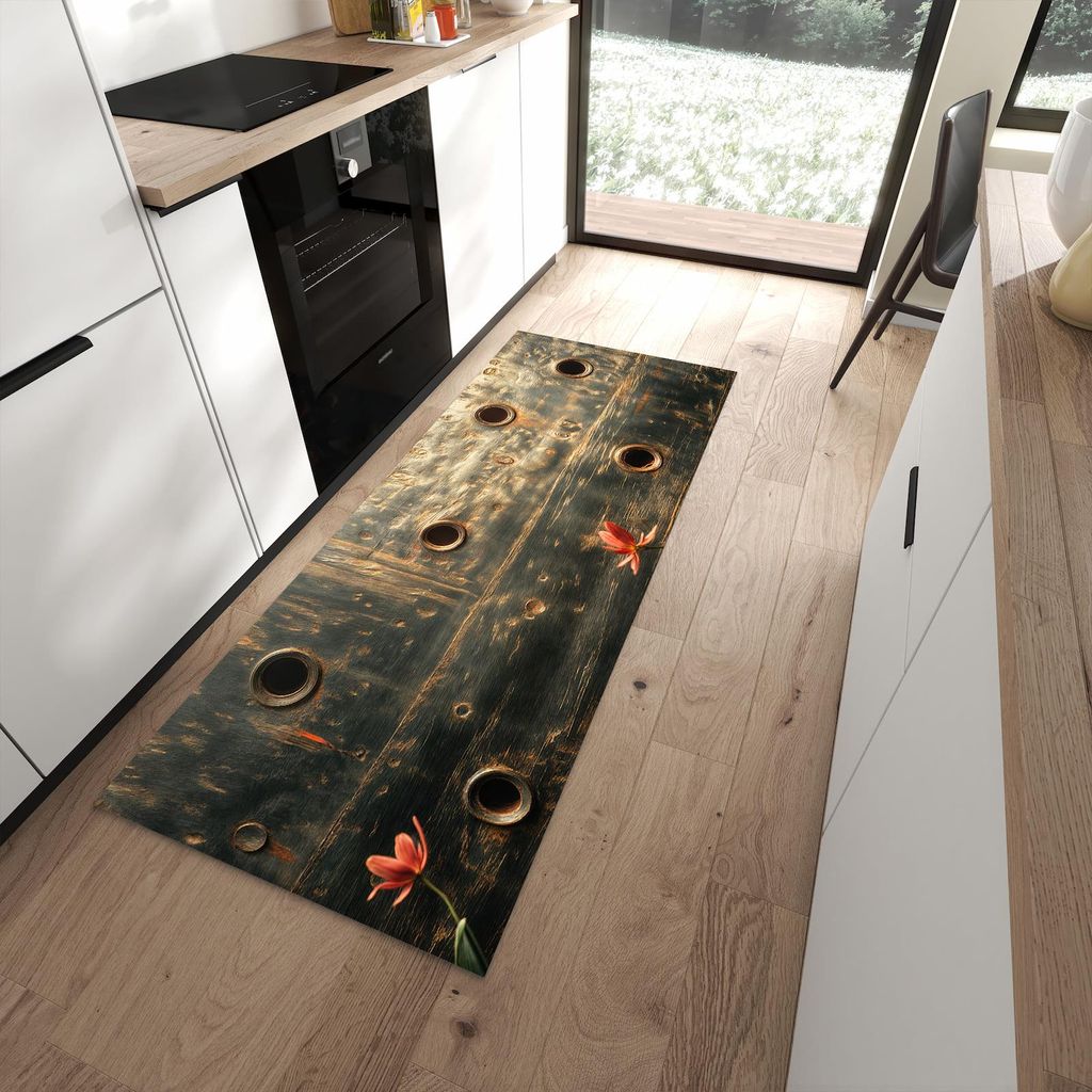 Küchenteppich 80x200cm rutschfest & abwischbar PVC Läufer - Metallplatte Vintage