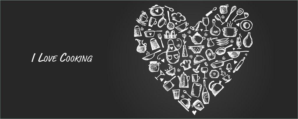 Wallario Poster - I Love Cooking - Herz aus Küchenutensilien in schwarz weiß, Kunstdruck Größe: 80 x 200 cm