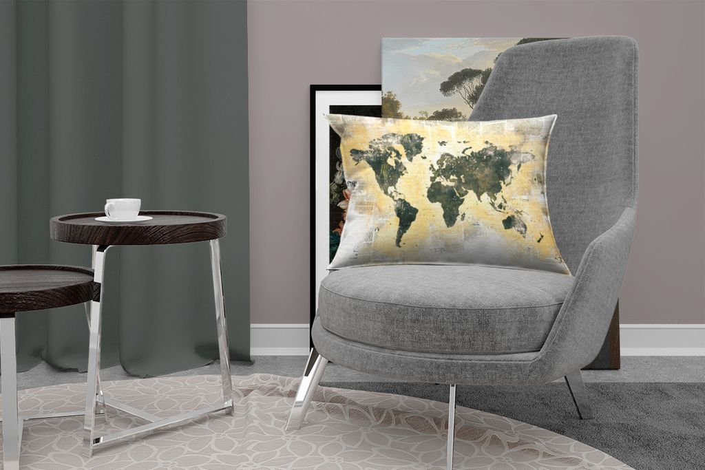 MuchoWow Zierkissen Sofakissen Wohnzimmer Dekokissen 60x40 cm Weltkarte - Gold - Zeitung - Kopfkissen - Polster mit Foto