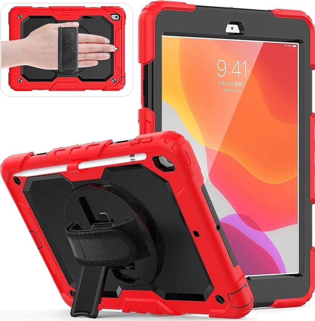 Mobigear SureGrip Xtreme iPad 7 (2019) Hülle Kunststoff,Silikon Backcover + Stifthalter + Schulterträger + Ständer - Schwarz / Rot