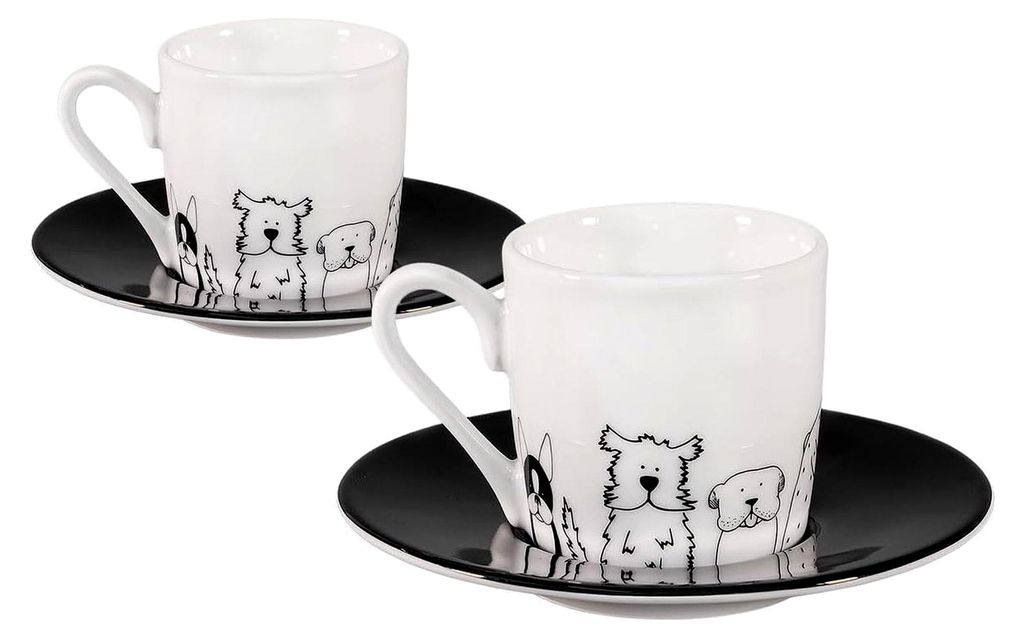 Könitz Espresso Tassen Set Lustige Hunde. 2 Kaffeetassen 65ml aus Porzellan. Moderne Espressotassen in Schwarz-Weiß
