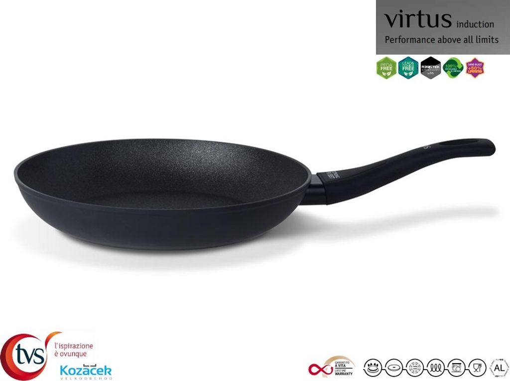 A black frying pan is shown against a white background.