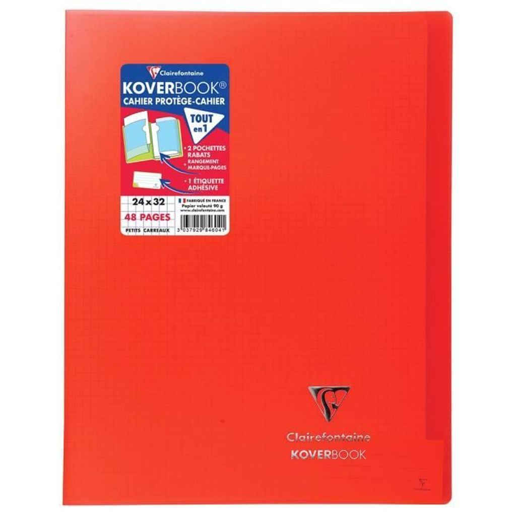 Clairefontaine 984604C - Heft Koverbook DIN A4+, 24x32 cm, 24 Blatt 90g, kariert 5/5 mit Rand, Einband aus transparentem Polypropylen, Rot, 1 Stück