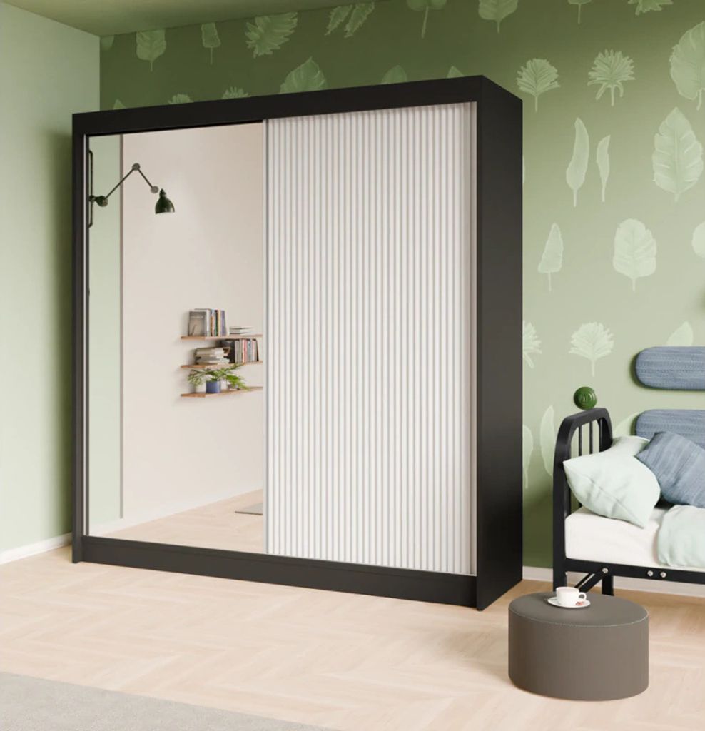 Schwebetürenschrank, 2-türig Kleiderschrank und Spiegel, Moderne Garderobe, Schrank in Größe: 200 x 215 x 61 cm