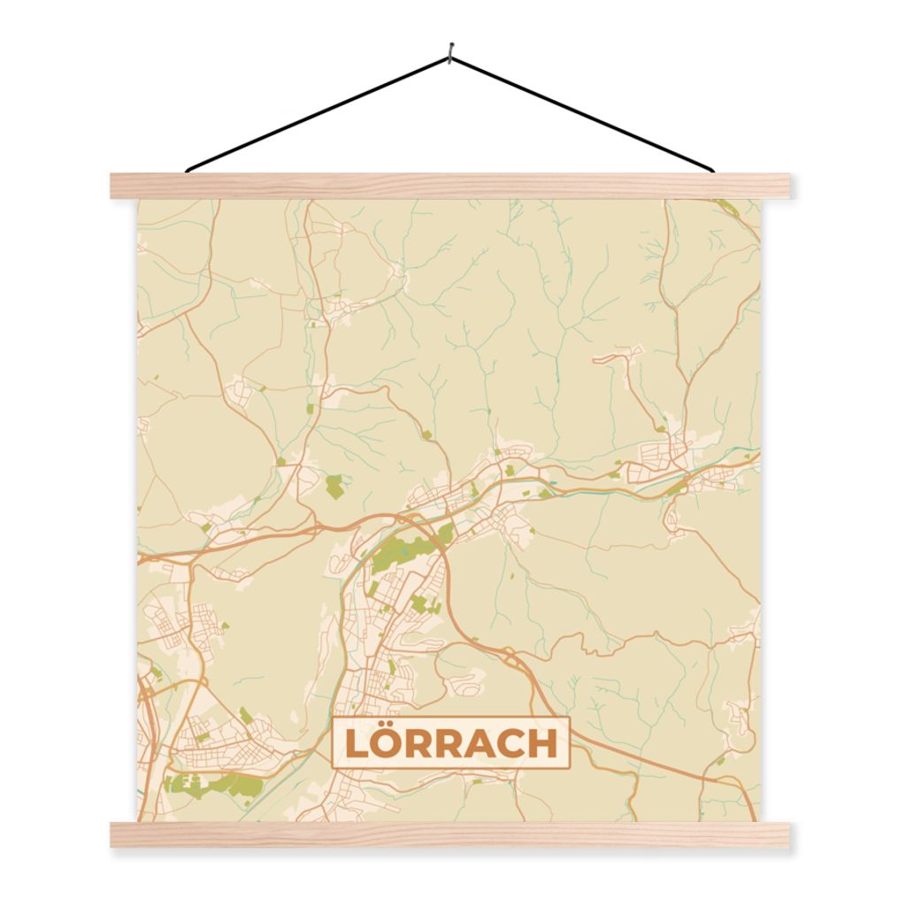 MuchoWow Textilposter Lörrach - Karte - Vintage - Stadtplan 40x40 cm mit holzfarbenen Rahmen - Posterleiste