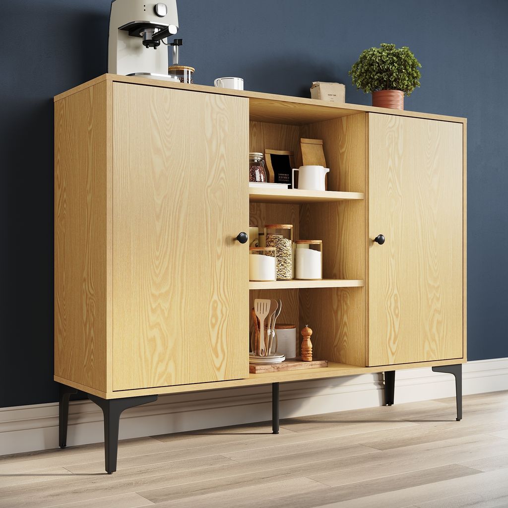 SONNI Originalholzfarbe 2-türiger Kommode 120x35x93 cm Schrank, großer Stauraum, Wohnzimmerschränke